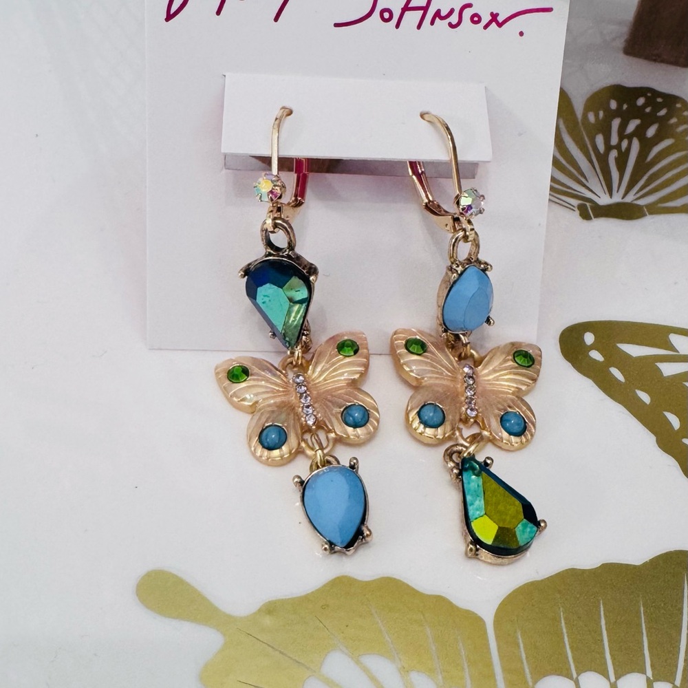 Betsey Johnson “Buggin Out” Butterfly Earrings - Gold Tones with crystal accents
